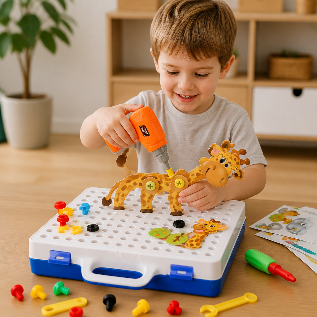 Safari Animal Building Block Set with Electric Toy Drill for Kids
