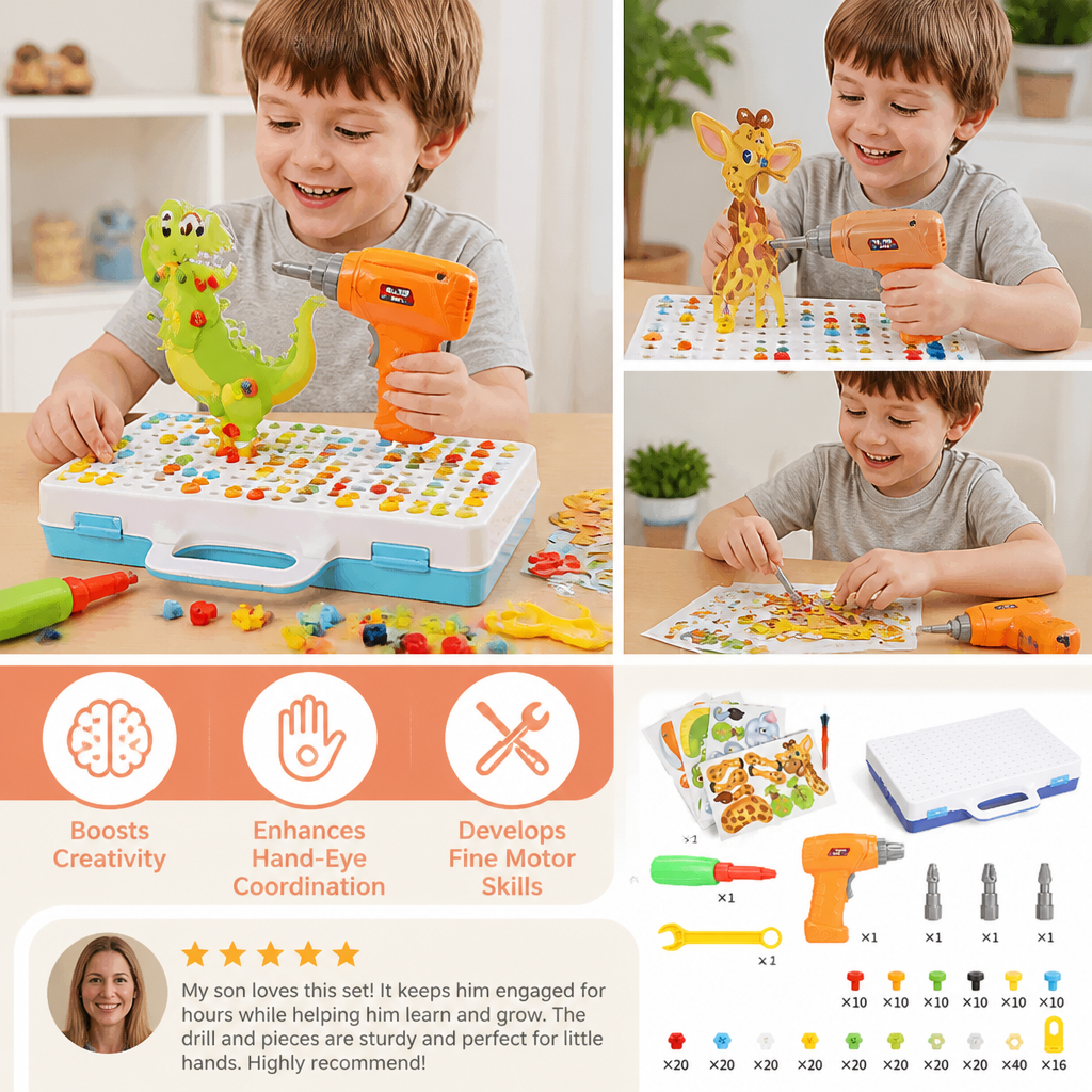 Safari Animal Building Block Set with Electric Toy Drill for Kids