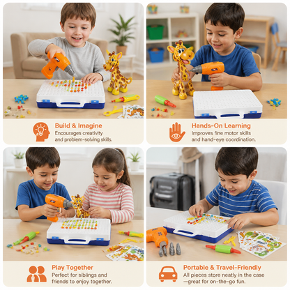 Safari Animal Building Block Set with Electric Toy Drill for Kids