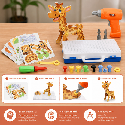 Safari Animal Building Block Set with Electric Toy Drill for Kids
