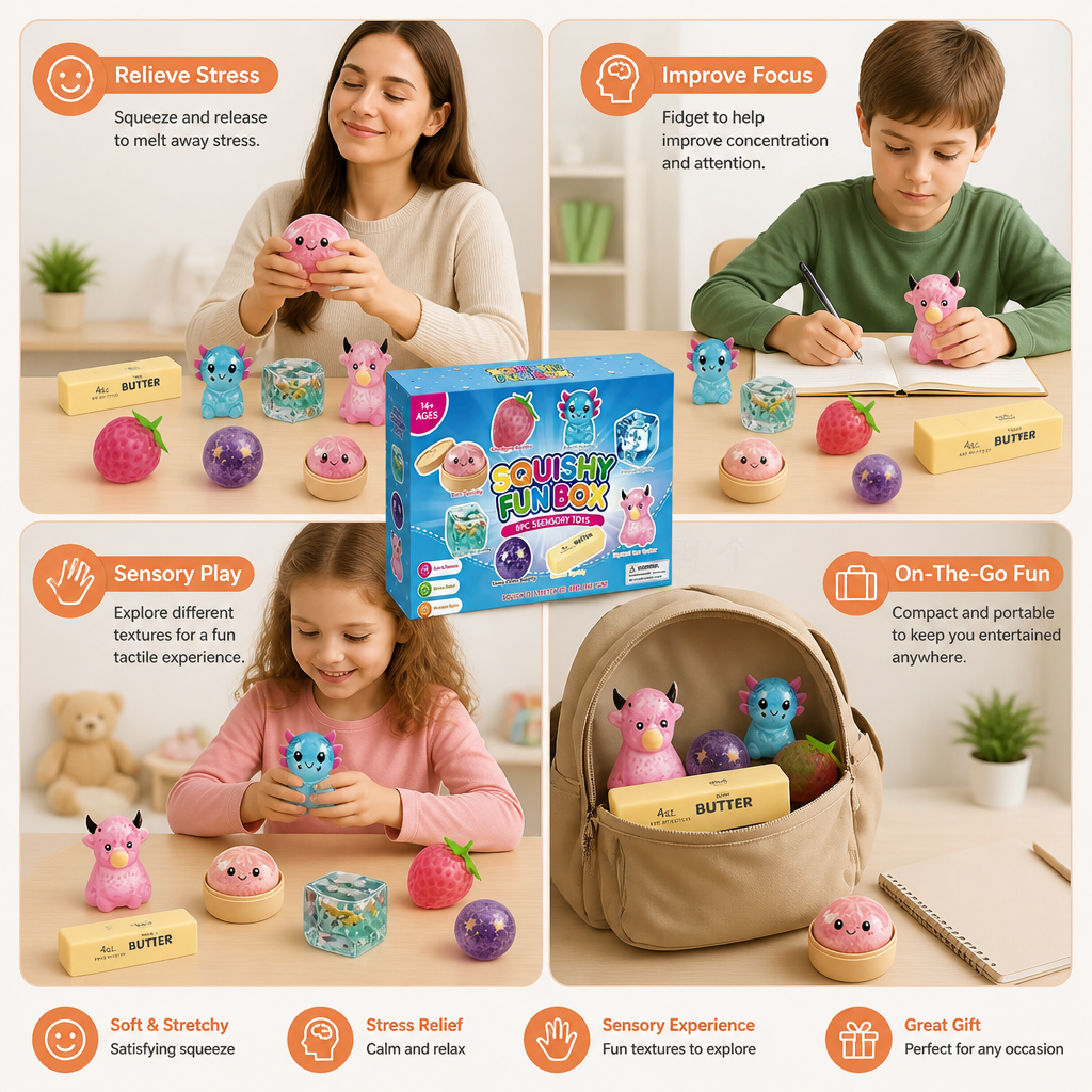 Premium Squishy Fidget Toy Set – 8 Sensory Toys