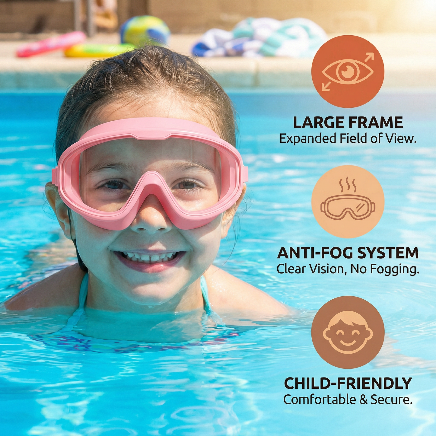 Child-Friendly Swim Goggles with Large Frames and Anti-Fog System