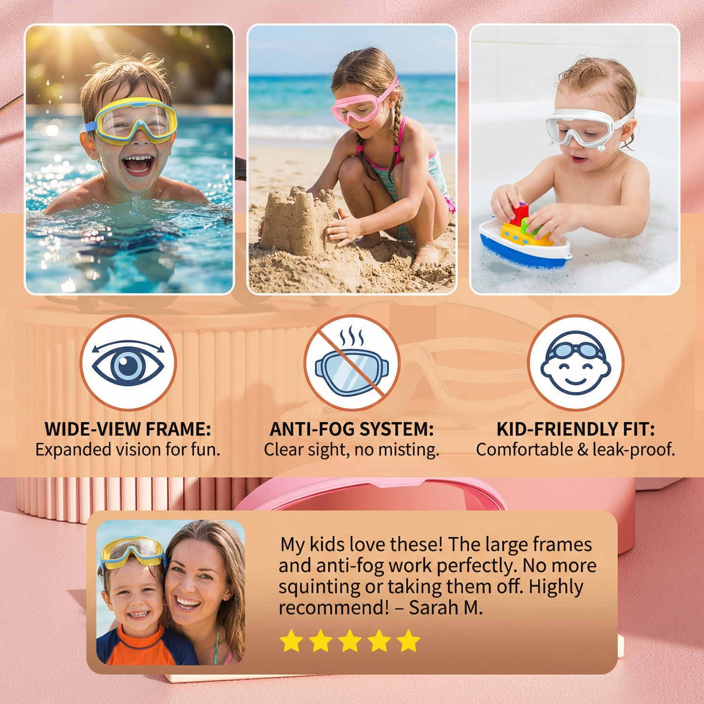 Child-Friendly Swim Goggles with Large Frames and Anti-Fog System