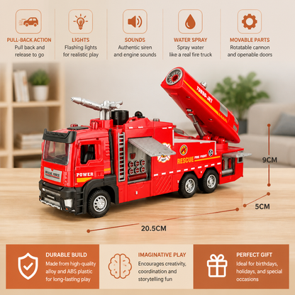 Pull-Back Fire Truck Toy with Water Spray, Lights & Sounds