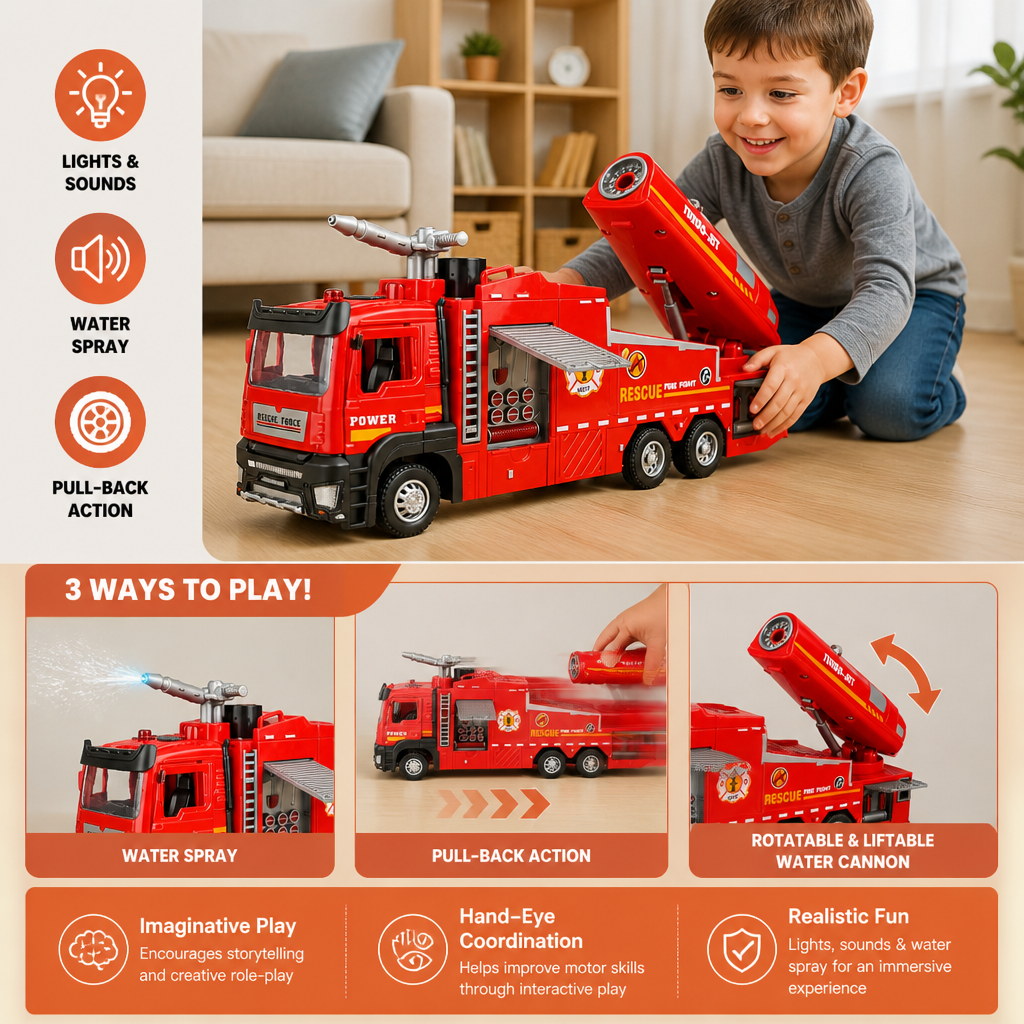 Pull-Back Fire Truck Toy with Water Spray, Lights & Sounds
