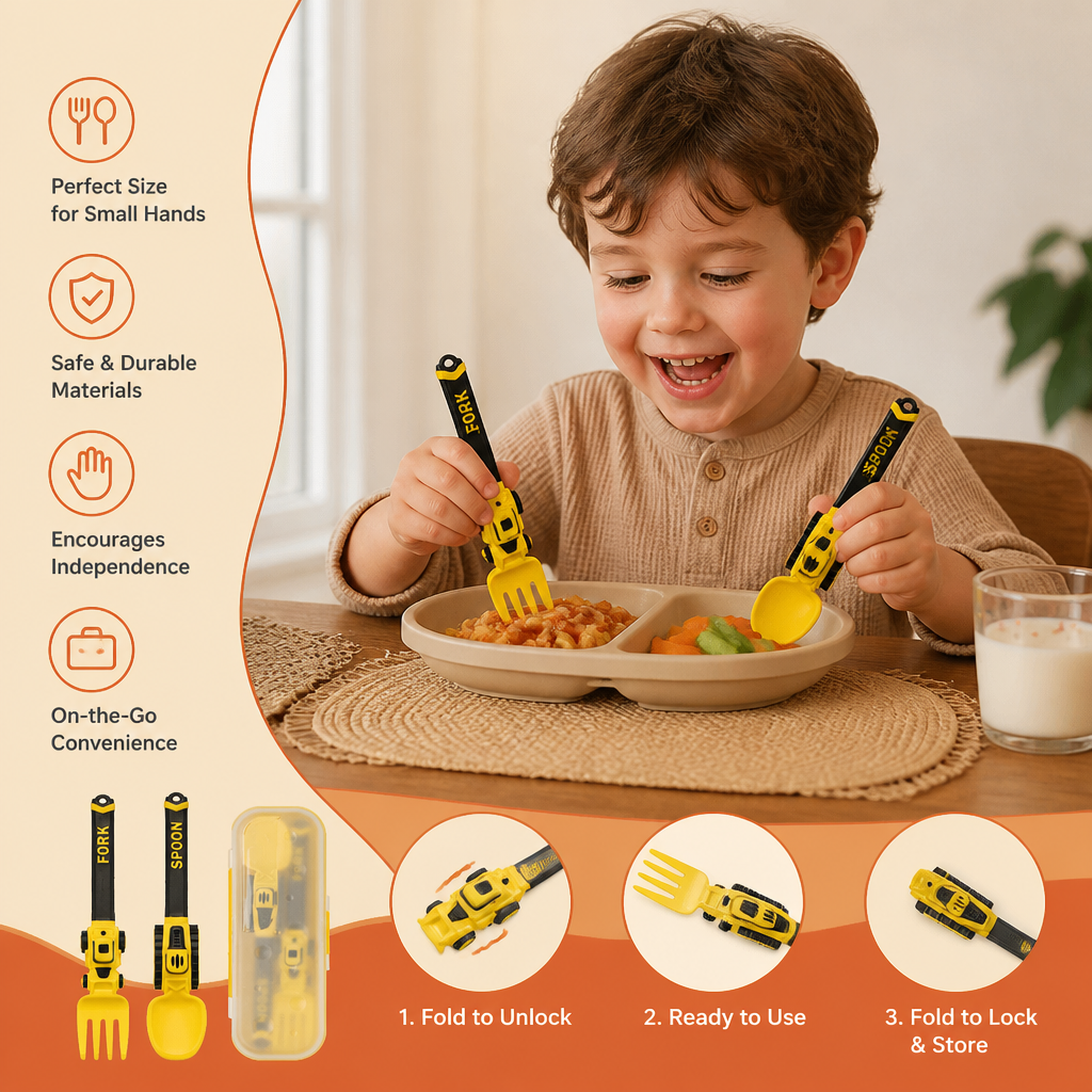 3-Piece Construction Vehicle Kids’ Utensil Set with Spoon, Fork & Travel Case