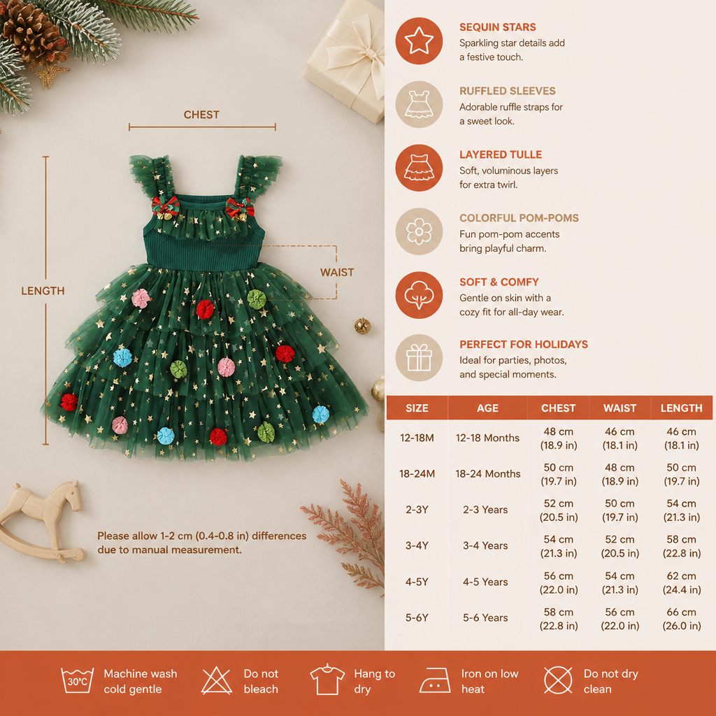 Girls’ Christmas Tutu Dress with Pom-Poms, Sequin Stars & Ruffled Sleeves