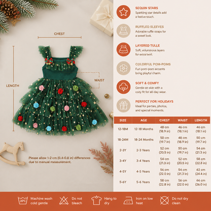Girls’ Christmas Tutu Dress with Pom-Poms, Sequin Stars & Ruffled Sleeves