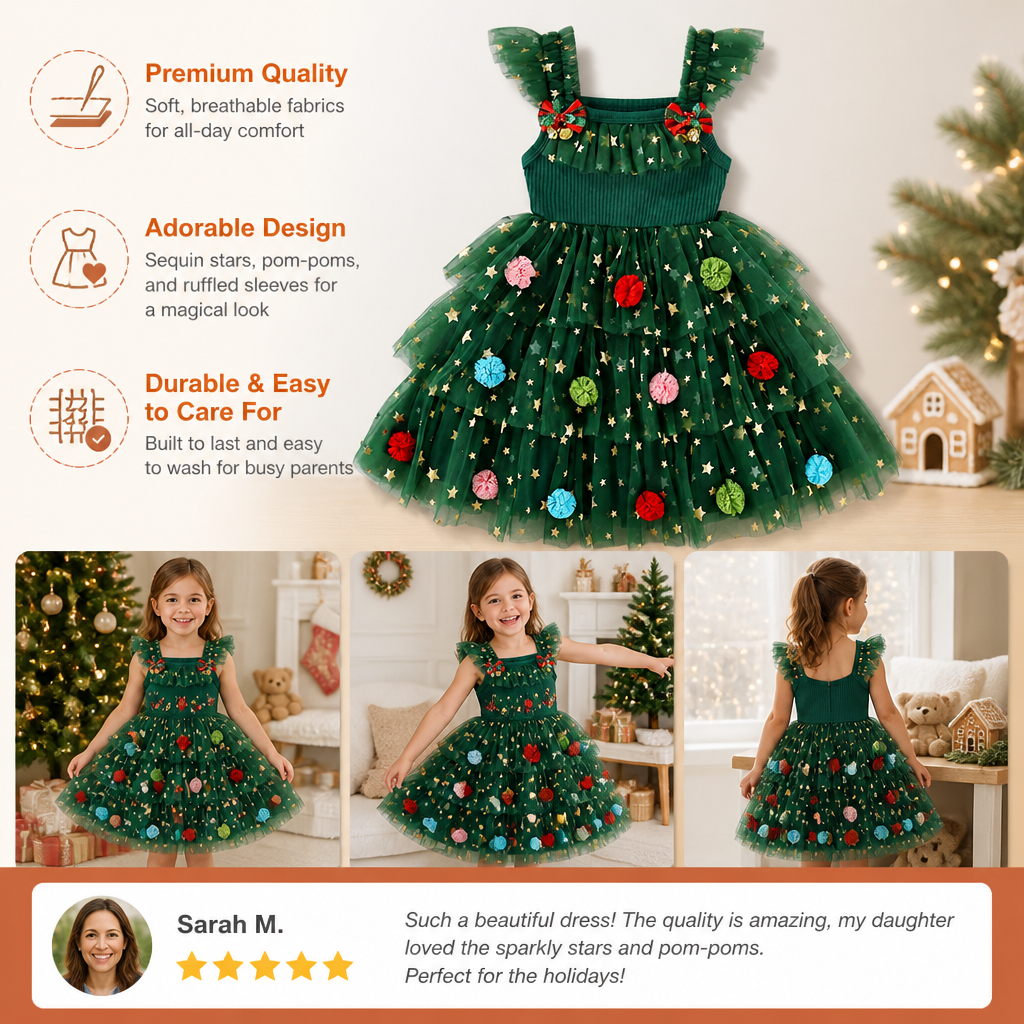 Girls’ Christmas Tutu Dress with Pom-Poms, Sequin Stars & Ruffled Sleeves