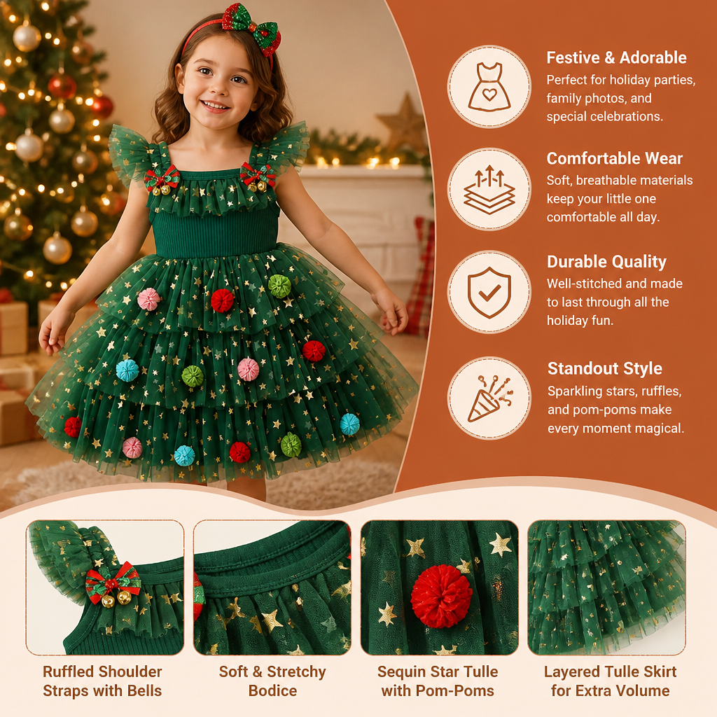 Girls’ Christmas Tutu Dress with Pom-Poms, Sequin Stars & Ruffled Sleeves