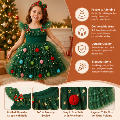 Girls’ Christmas Tutu Dress with Pom-Poms, Sequin Stars & Ruffled Sleeves