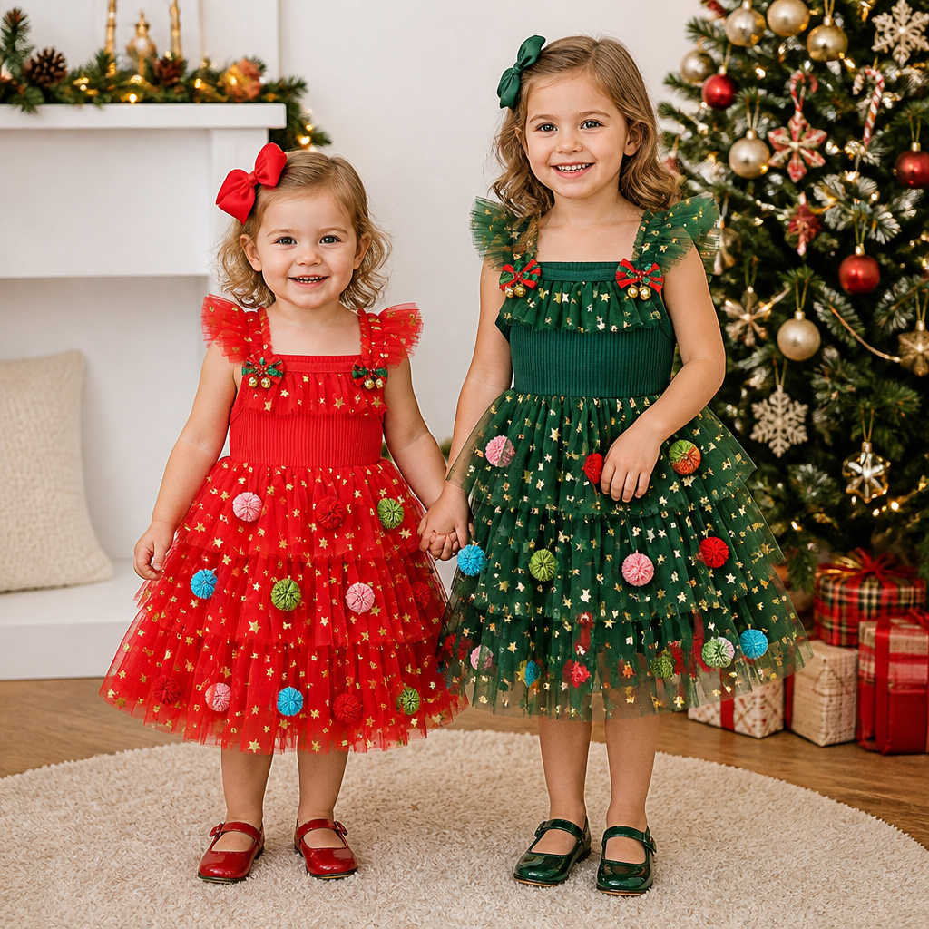 Girls’ Christmas Tutu Dress with Pom-Poms, Sequin Stars & Ruffled Sleeves