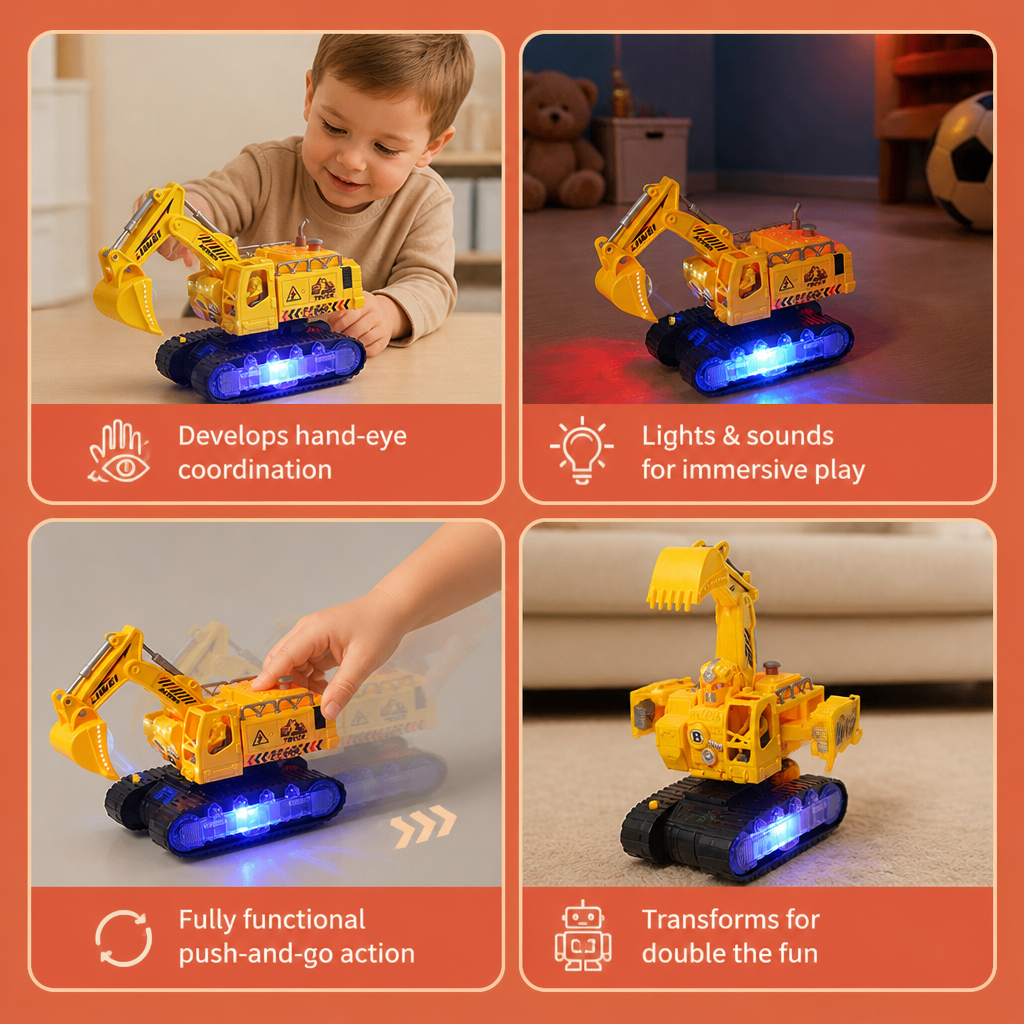 Electric Transforming Robot Excavator Toy with Lights & Sounds