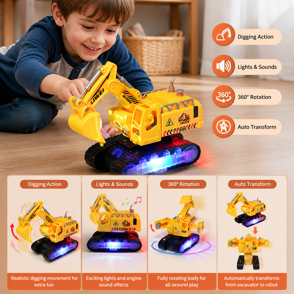 Electric Transforming Robot Excavator Toy with Lights & Sounds