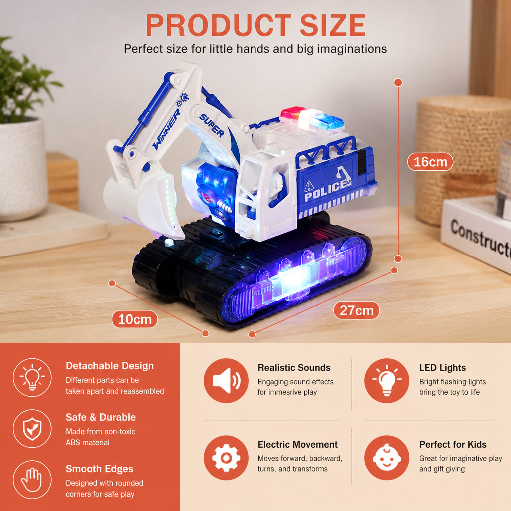 Transforming Police Robot Excavator Toy with Lights & Sounds