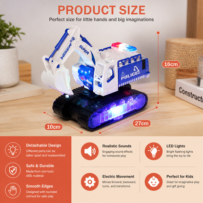 Transforming Police Robot Excavator Toy with Lights & Sounds