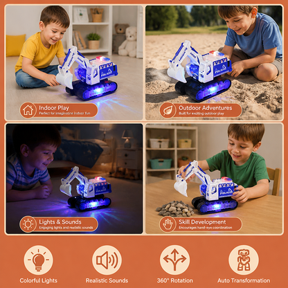 Transforming Police Robot Excavator Toy with Lights & Sounds