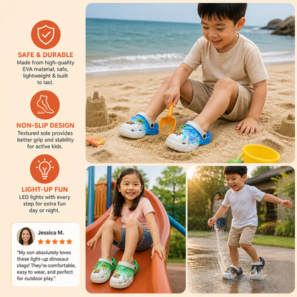 Kids’ LED Dinosaur Clogs – Light-Up Non-Slip Summer Garden & Beach Shoes