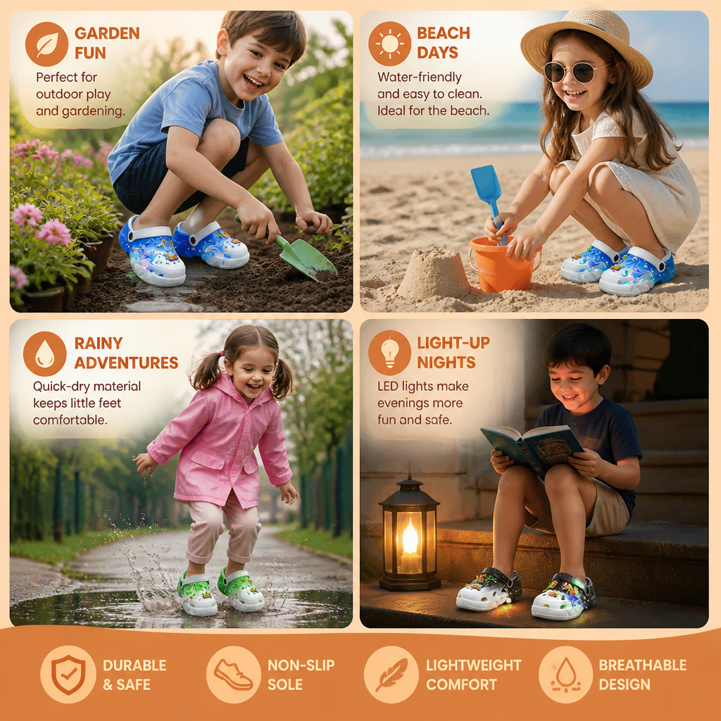 Kids’ LED Dinosaur Clogs – Light-Up Non-Slip Summer Garden & Beach Shoes