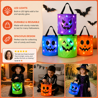 LED Halloween Trick-or-Treat Candy Bucket – Reusable Light-Up Tote Bag