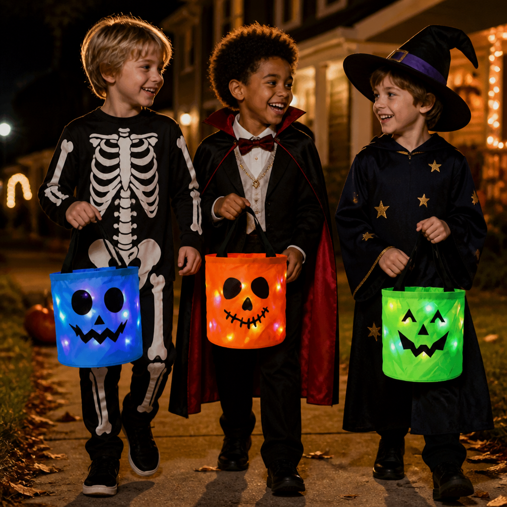 LED Halloween Trick-or-Treat Candy Bucket – Reusable Light-Up Tote Bag
