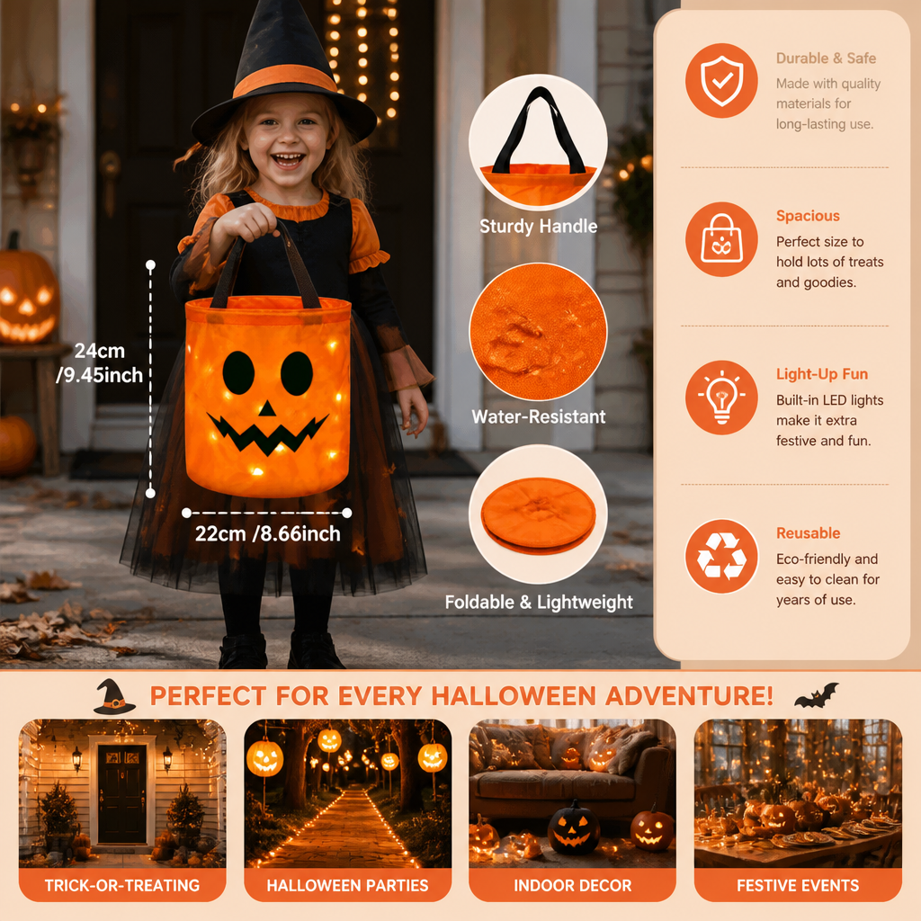 LED Halloween Trick-or-Treat Candy Bucket – Reusable Light-Up Tote Bag