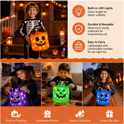 LED Halloween Trick-or-Treat Candy Bucket – Reusable Light-Up Tote Bag