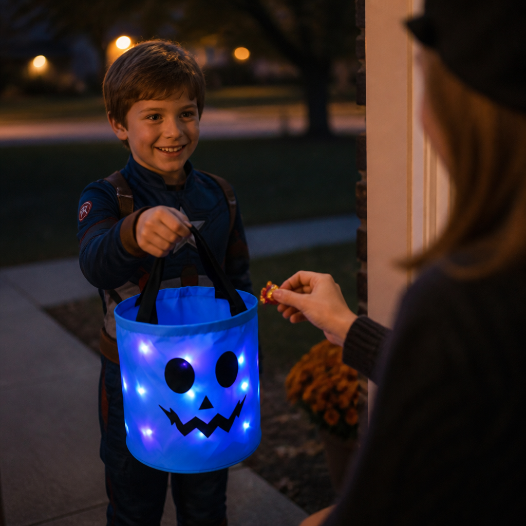 LED Halloween Trick-or-Treat Candy Bucket – Reusable Light-Up Tote Bag