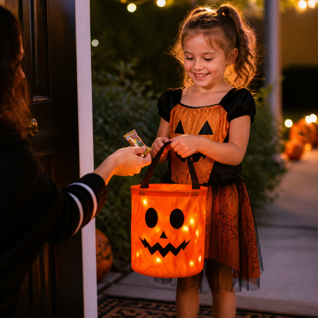 LED Halloween Trick-or-Treat Candy Bucket – Reusable Light-Up Tote Bag