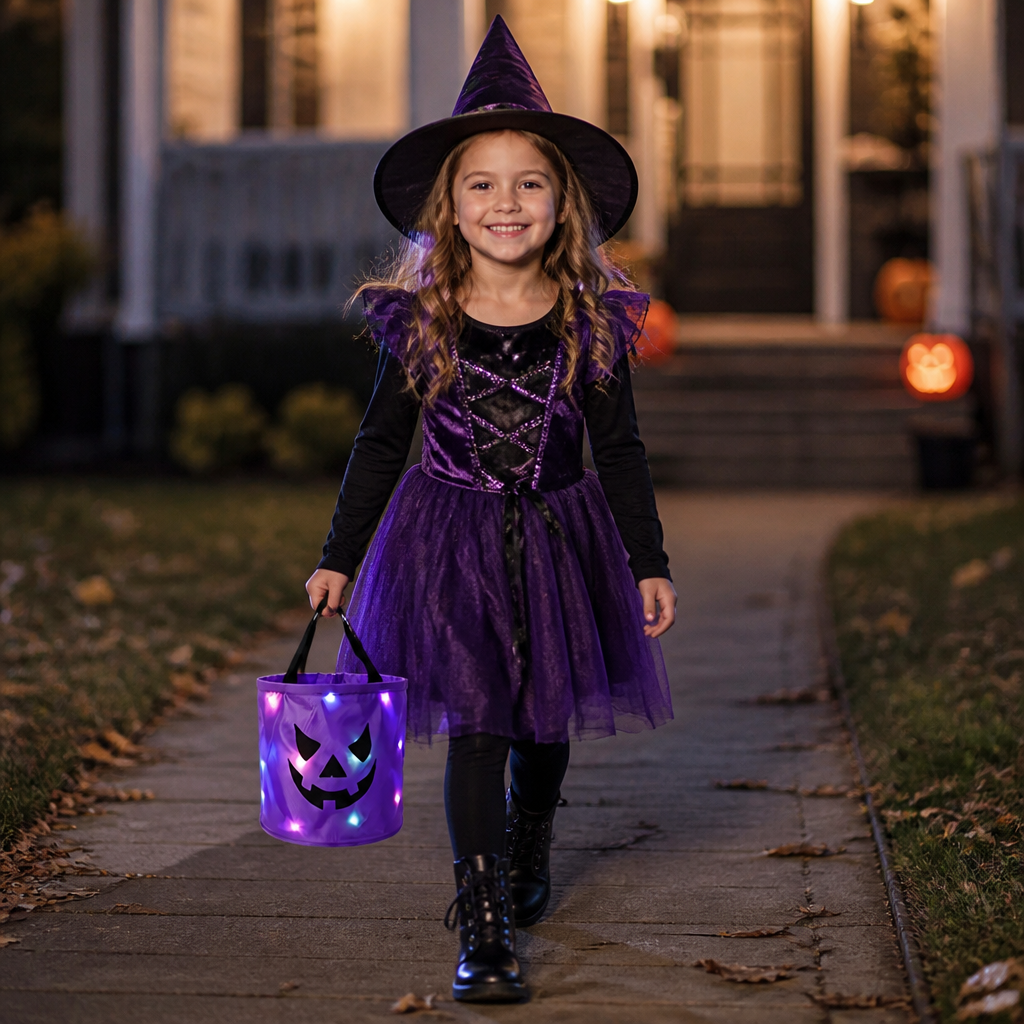 LED Halloween Trick-or-Treat Candy Bucket – Reusable Light-Up Tote Bag