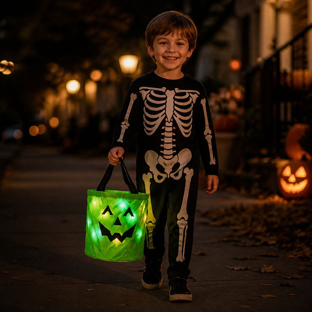 LED Halloween Trick-or-Treat Candy Bucket – Reusable Light-Up Tote Bag