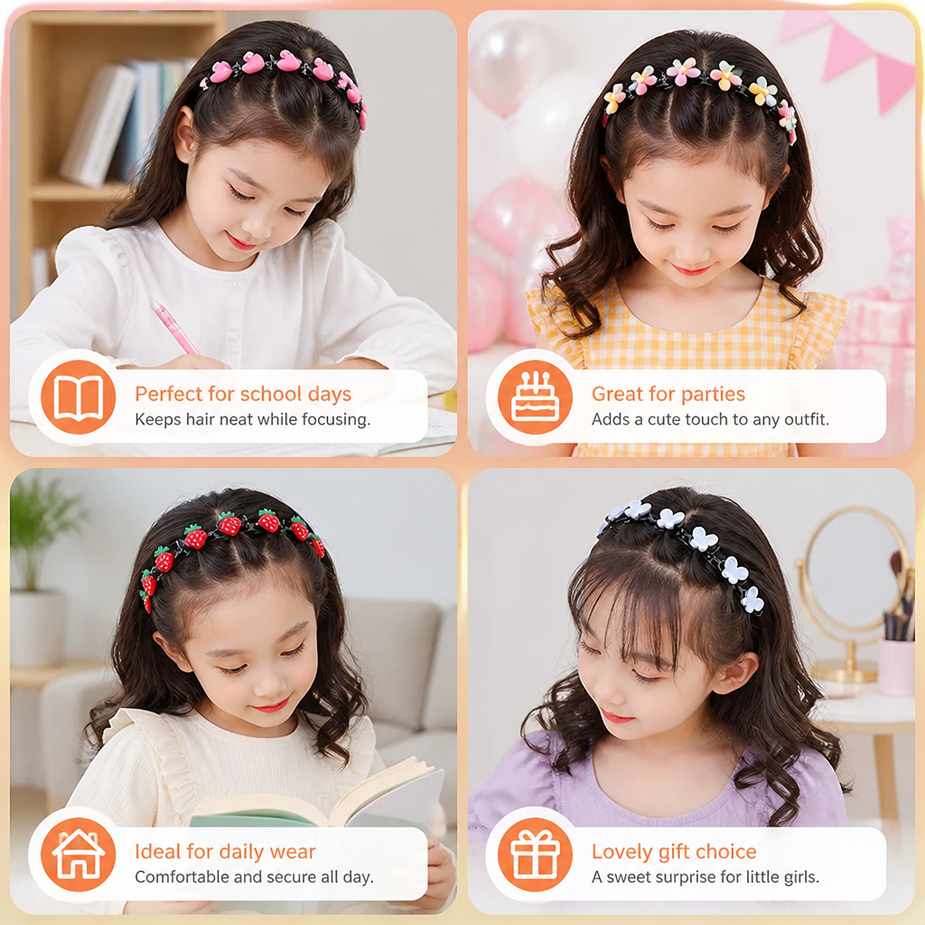 Cute Hair Clips & Bands for Girls with Flower, Strawberry & Rainbow Charms