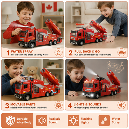 Pull-Back Fire Truck Toy with Water Spray, Lights & Sounds
