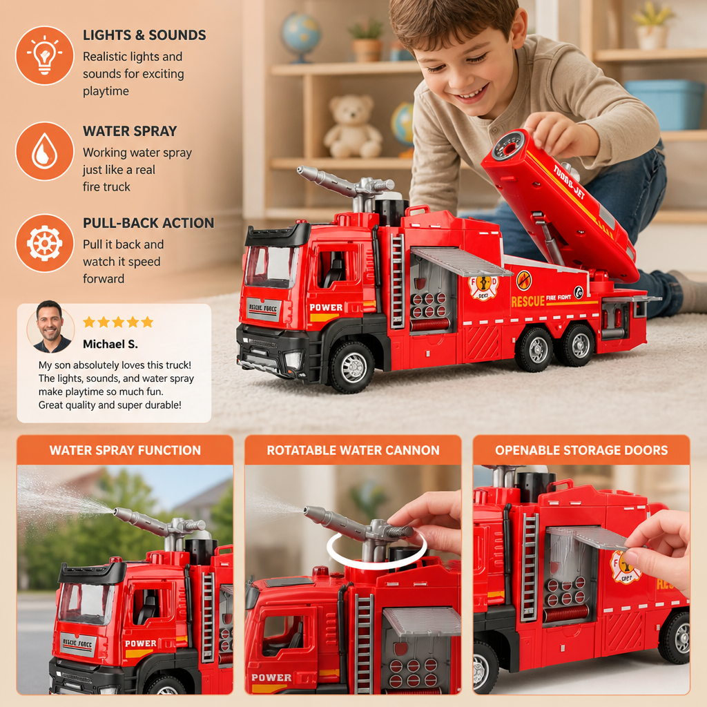 Pull-Back Fire Truck Toy with Water Spray, Lights & Sounds