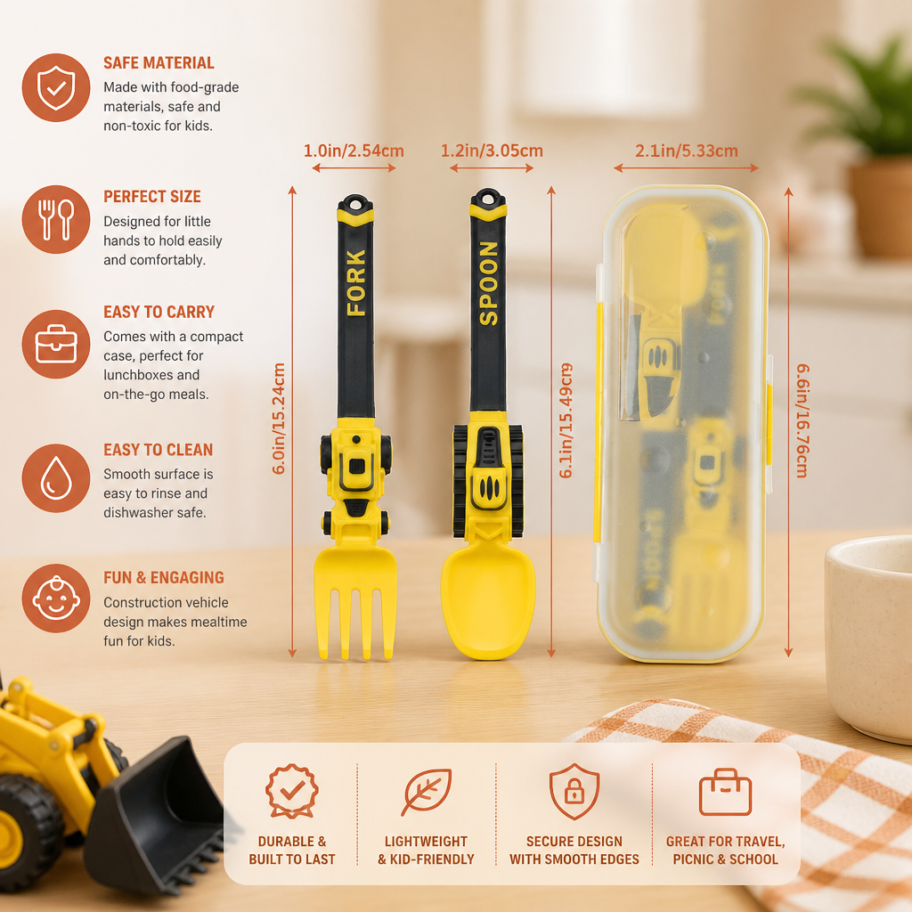 3-Piece Construction Vehicle Kids’ Utensil Set with Spoon, Fork & Travel Case
