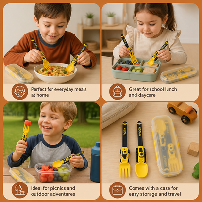 3-Piece Construction Vehicle Kids’ Utensil Set with Spoon, Fork & Travel Case