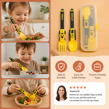 3-Piece Construction Vehicle Kids’ Utensil Set with Spoon, Fork & Travel Case