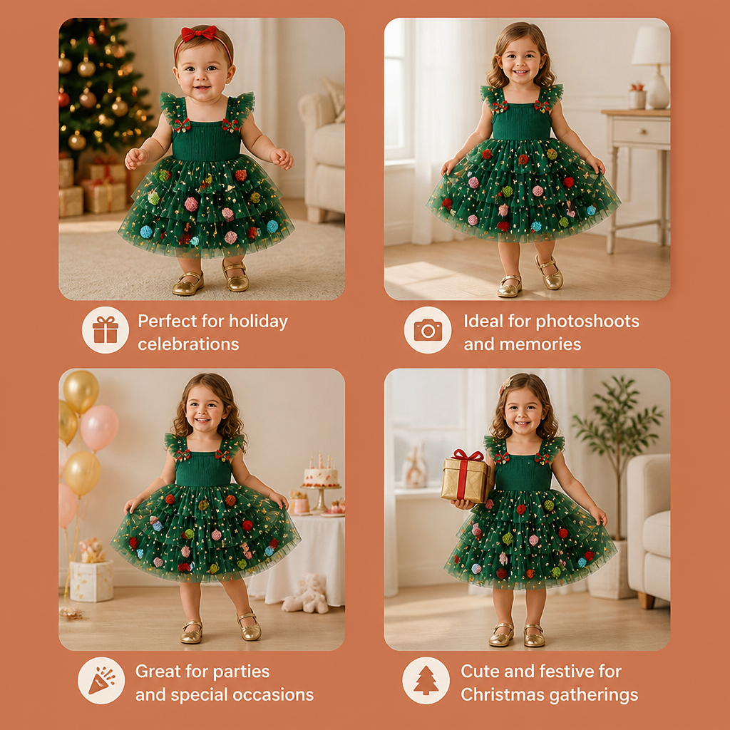 Girls’ Christmas Tutu Dress with Pom-Poms, Sequin Stars & Ruffled Sleeves