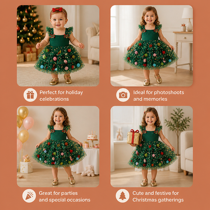 Girls’ Christmas Tutu Dress with Pom-Poms, Sequin Stars & Ruffled Sleeves