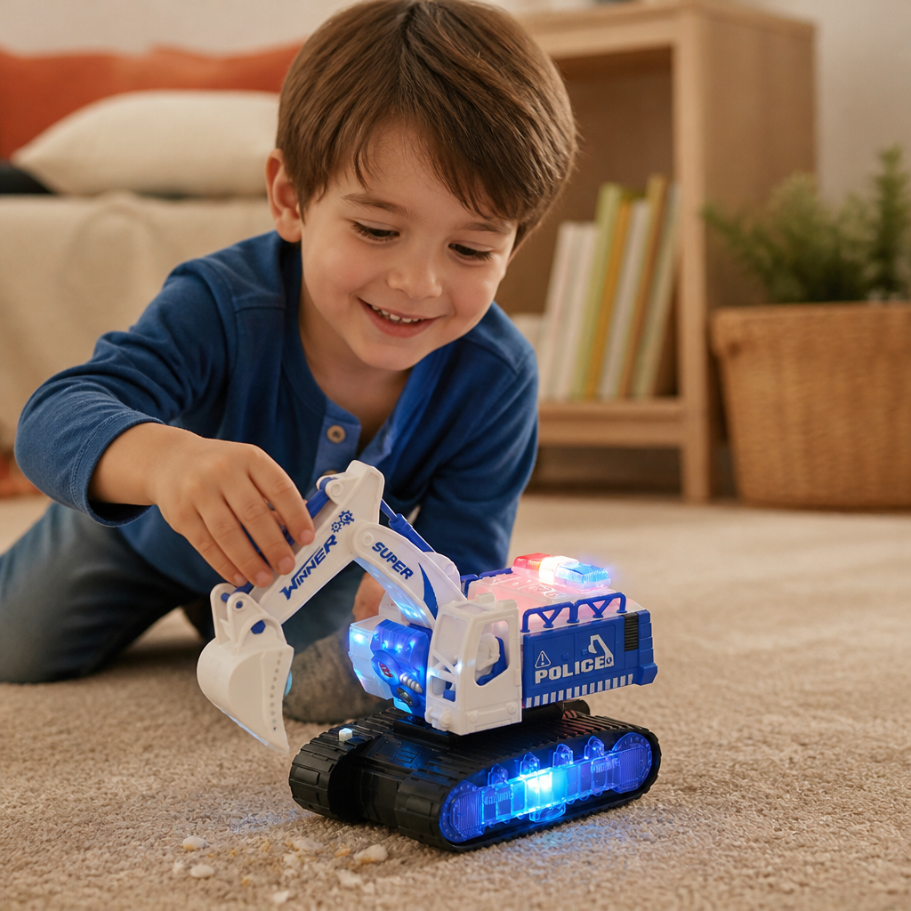 Transforming Police Robot Excavator Toy with Lights & Sounds