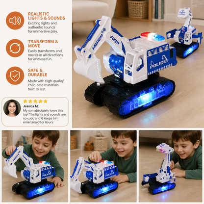 Transforming Police Robot Excavator Toy with Lights & Sounds