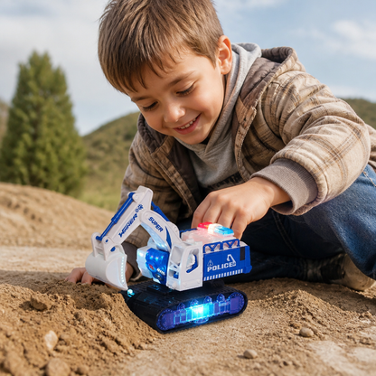 Transforming Police Robot Excavator Toy with Lights & Sounds