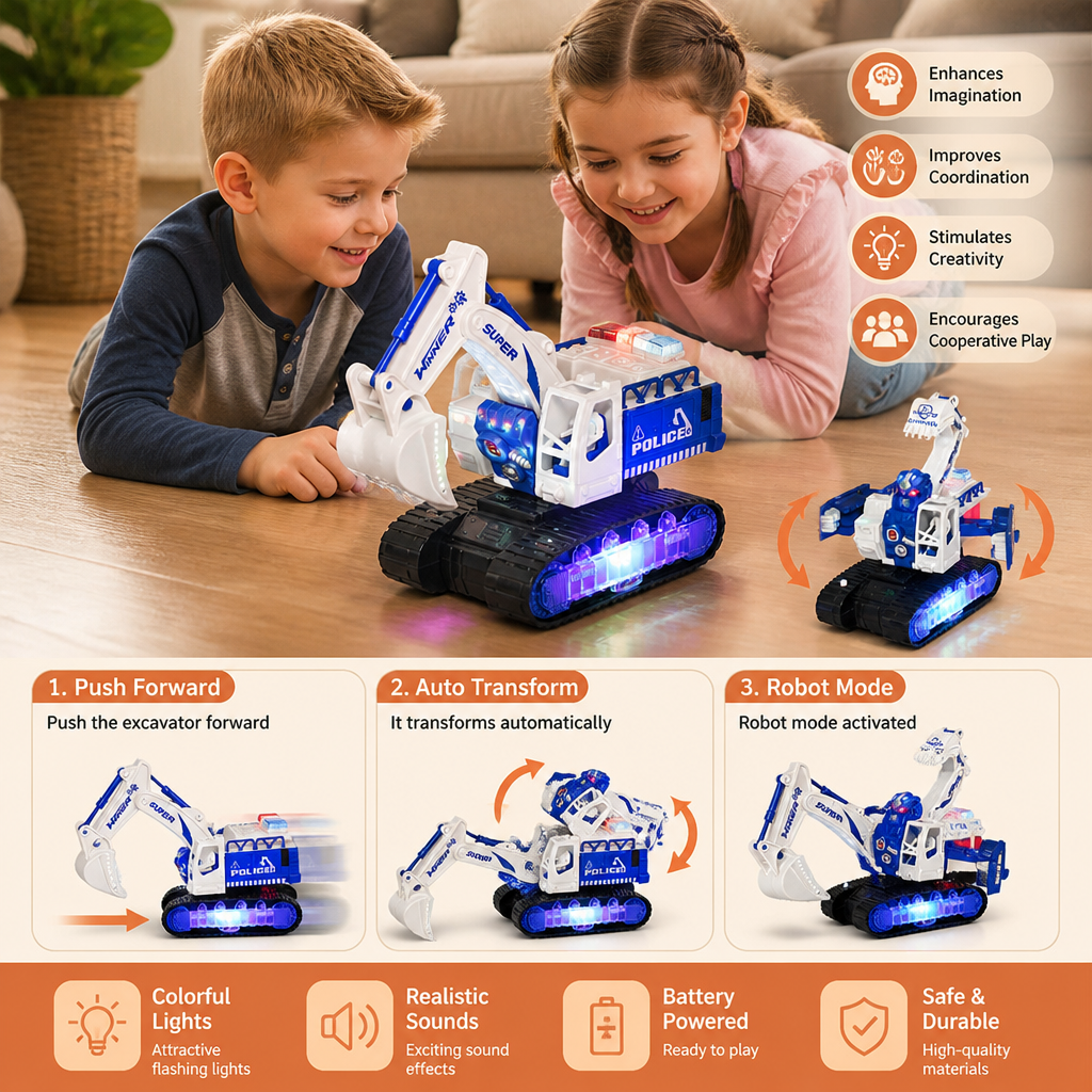 Transforming Police Robot Excavator Toy with Lights & Sounds