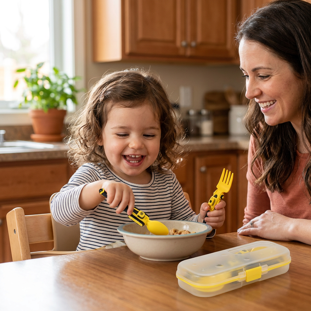 3-Piece Construction Vehicle Kids’ Utensil Set with Spoon, Fork & Travel Case