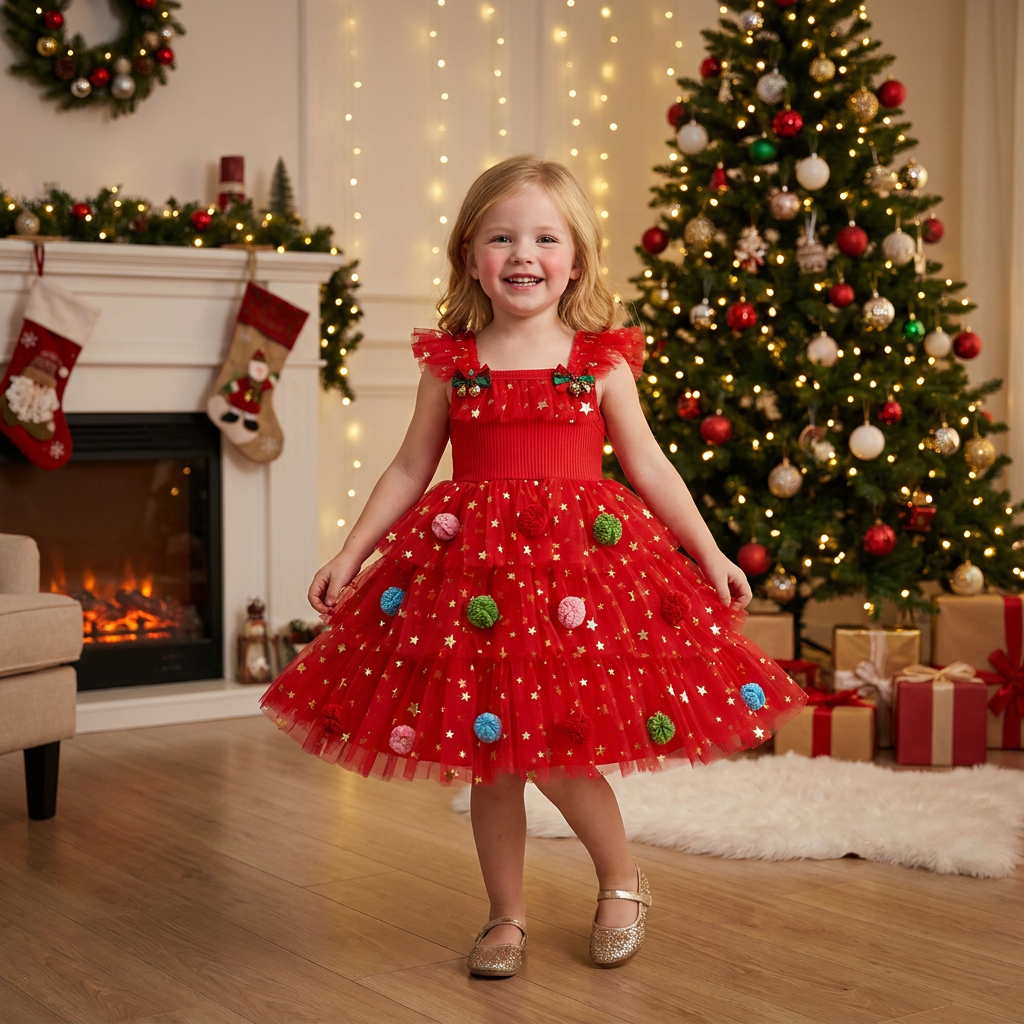 Girls’ Christmas Tutu Dress with Pom-Poms, Sequin Stars & Ruffled Sleeves