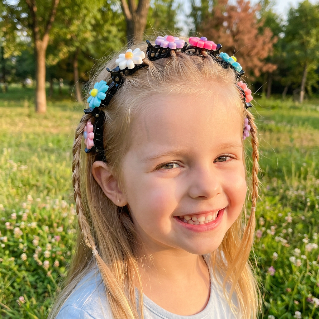 Cute Hair Clips & Bands for Girls with Flower, Strawberry & Rainbow Charms