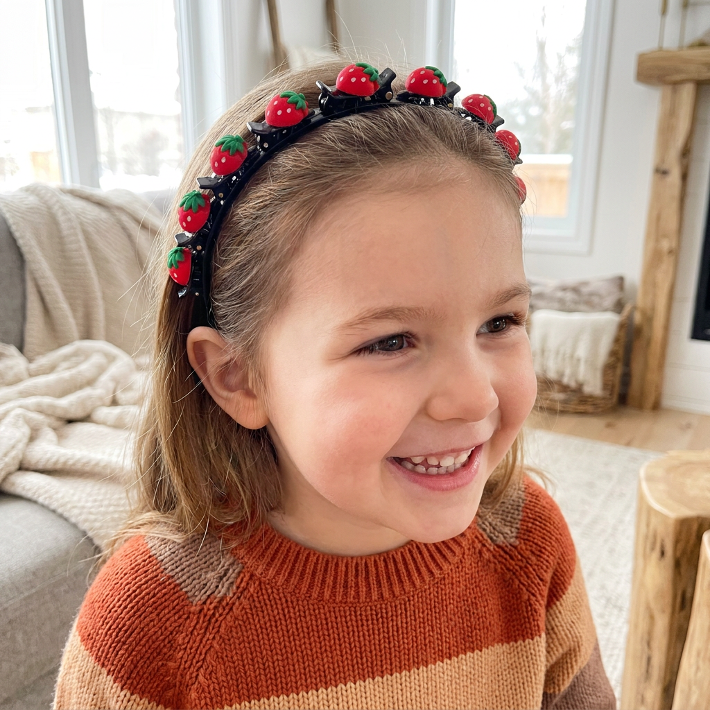 Cute Hair Clips & Bands for Girls with Flower, Strawberry & Rainbow Charms