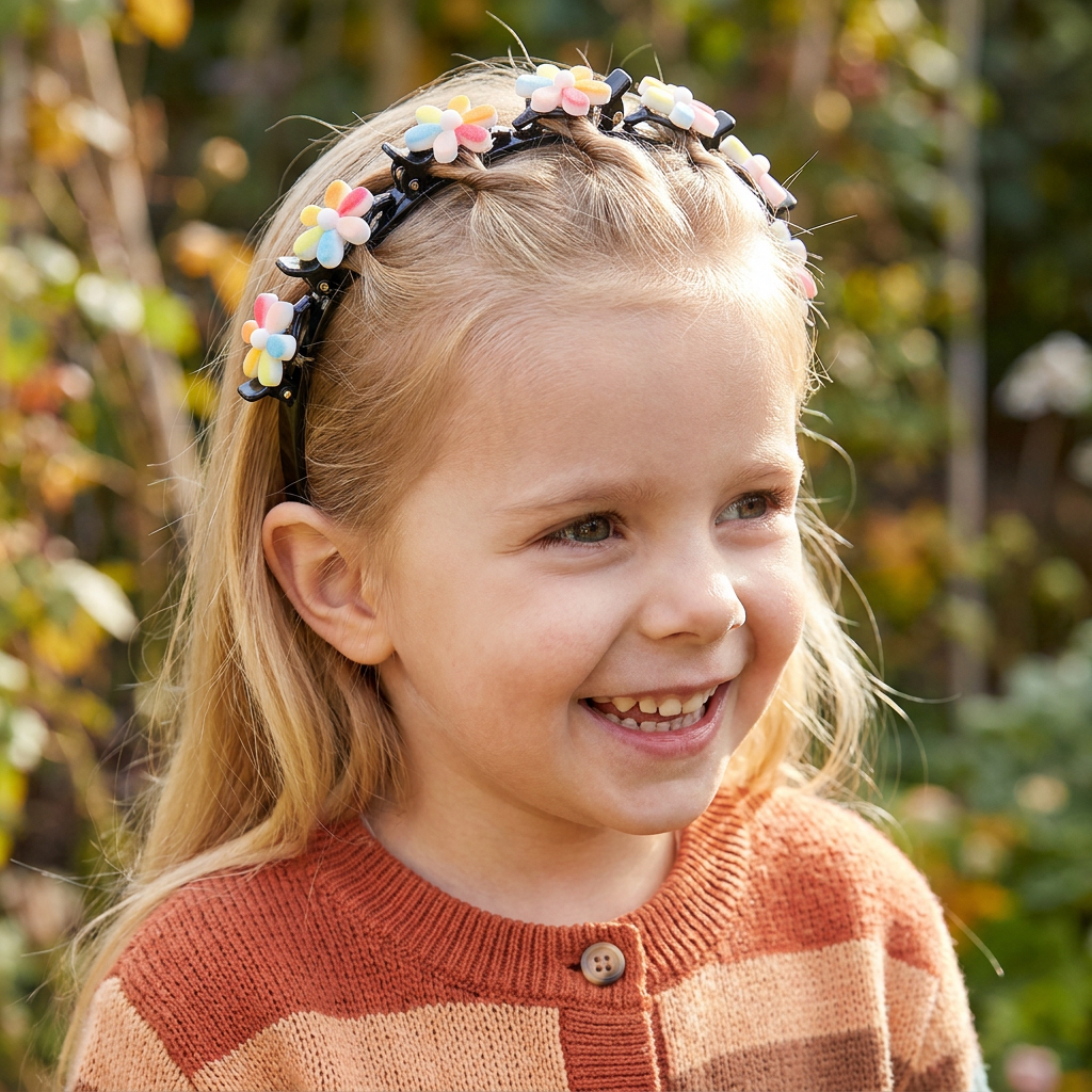Cute Hair Clips & Bands for Girls with Flower, Strawberry & Rainbow Charms
