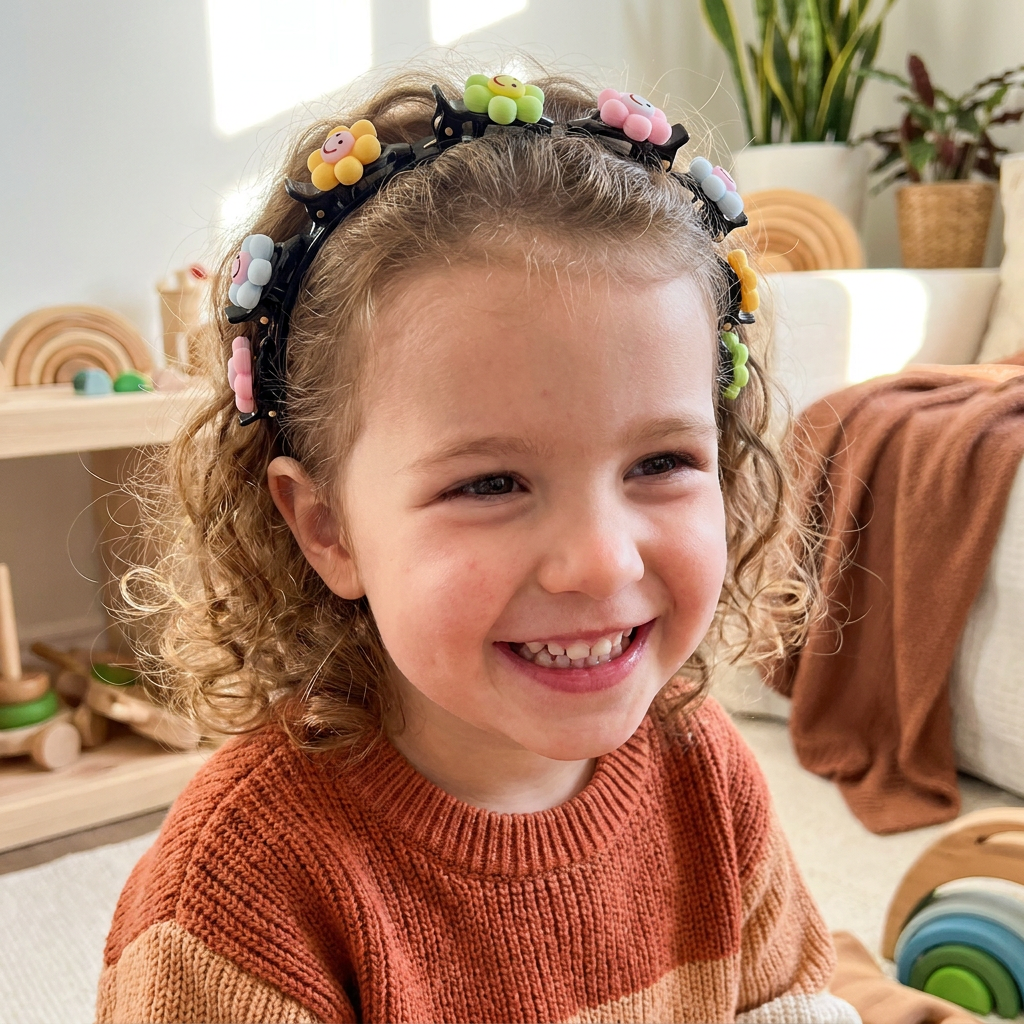 Cute Hair Clips & Bands for Girls with Flower, Strawberry & Rainbow Charms