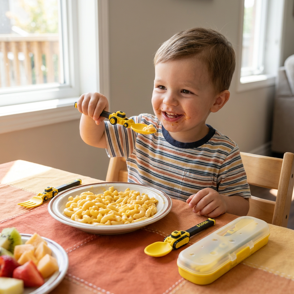3-Piece Construction Vehicle Kids’ Utensil Set with Spoon, Fork & Travel Case